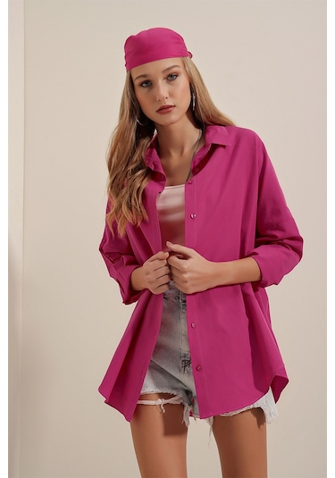 Bigdart 3900 Oversize Uzun Basic Gömlek - Koyu Pembe 001