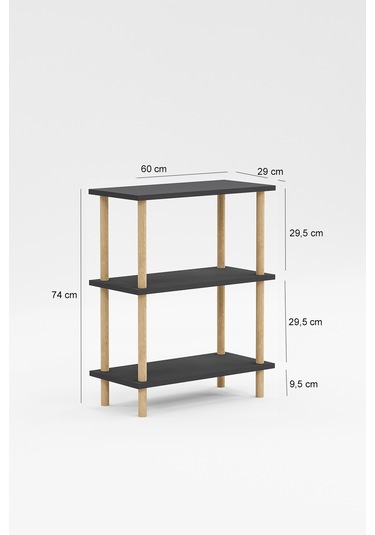 Dekoratif 3 Raflı Ahşap Ayaklı Kitaplık Yan Sehpa Antrasit Gri