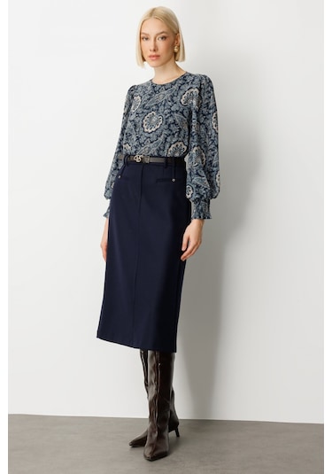 Ekol Kadın Beli Kemerli Yırtmaçlı Midi Etek 2009 Lacivert Lacivert