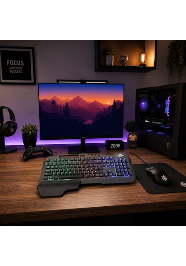 Gaming Klavye Mekanik Hisli Bilek Destekli Kablolu Rainbow Işıklı Oyuncu Klavye