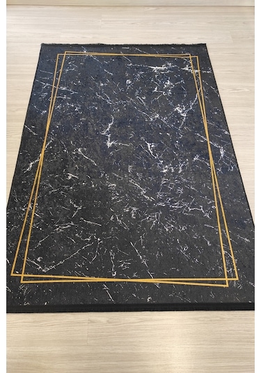 Siyah Gold Salon Halısı Mermer Desenli Siyah Mutfak Halısı