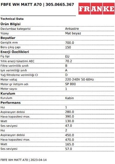 Franke FBFE WH MATT A70 Matte Davlumbaz