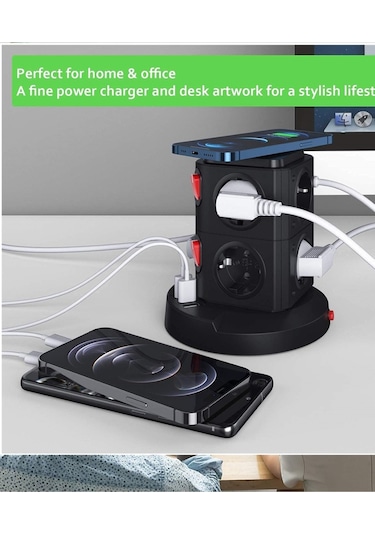 Termal Akım Korumalı Kablosuz Şarj 3 USB 8 Priz 1x Wireless Uzatma Kablosu