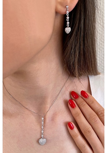 925 Ayar Gümüş Tasarım Su Yolu Kalp Set - 67021002 Gümüş