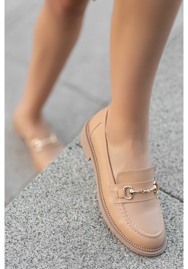 Garantili Horse Kadın Zincirli Loafer Günlük Ayakkabı Nut