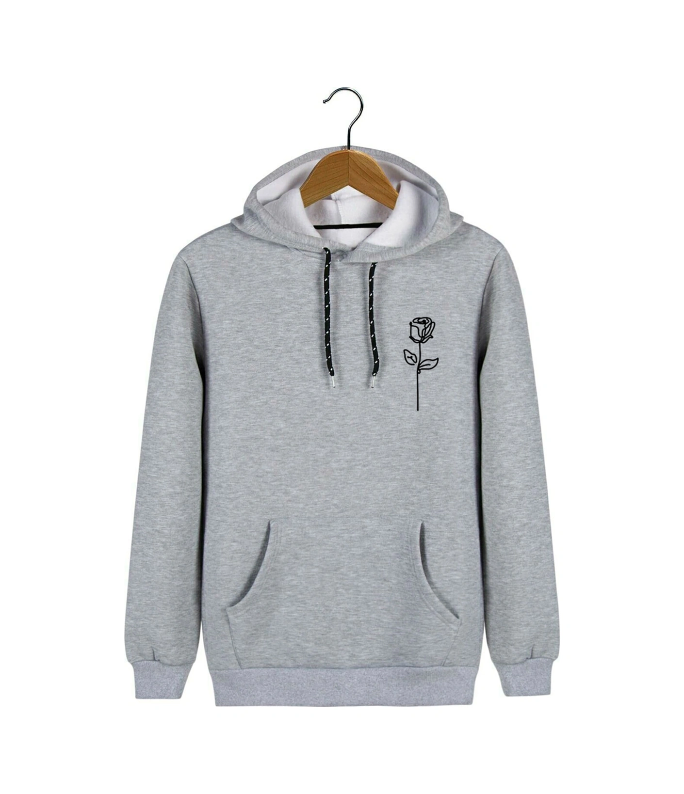 Unisex Gri Kapüşonlu Gül Baskılı Slim Fit Kanguru Cepli Sweatshirt Gri