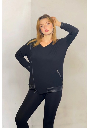 Yandan Fermuarlı Suni Deri Detaylı Bluz Siyah