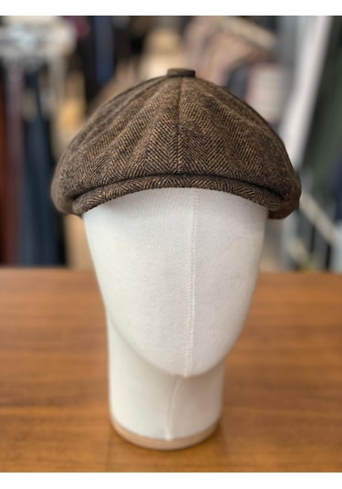 Peaky Blinders Tarz İngiliz Model Balıksırtı Desen Kaşe Kumaş Kasket Şapka Kırmızı Kahverengi