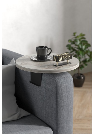 Zigon Sehpa Yan Sehpa Ayarlanabilir Tepsi Dekoratif Modern Tepsi Efes Beyaz Mermer Desen