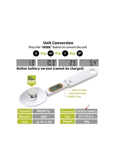 Oldfriend Accumeasure Digital Mutfak Terazisi Kaşık Beyaz Lcd Ekran 0 1g 500g Hassas Pil Beyaz