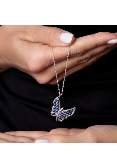Mavi Zirkon Taşlı Zarif Tasarım 925 Ayar Gümüş Kelebek Kolye (459601781)