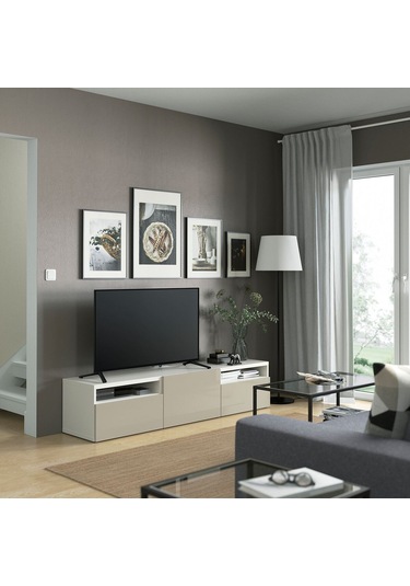 Tv Sehpası, Beyaz-parlak Cila-bej, 180x42x39 Cm, Selsvıken, Çıt Çıt Raylı Beyaz