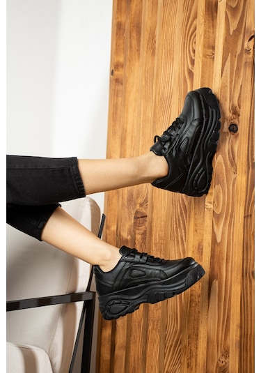 Günlük Kadın Spor Ayakkabı Yüksek Kalın Taban 6 Cm Suni Deri Sneaker 001 Siyah