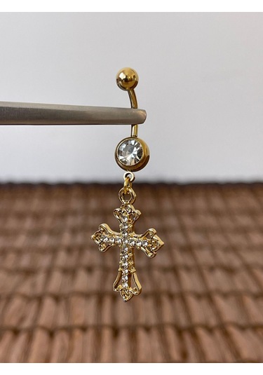 Cerrahi Çelik Piercing Ful Zirkon Taşlı Haç Piercing Ful Zirkon Taşlı Haç Göbek Piercingi Gold