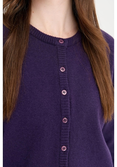 Desen Triko Kadın Sıfır Yaka Triko Yün Hırka 21031 Koyu Mor