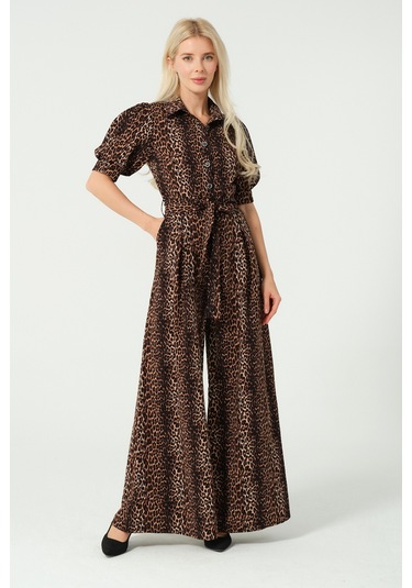 Balon Kol Bağcık Detaylı Tulum Leopar Desen Leopar