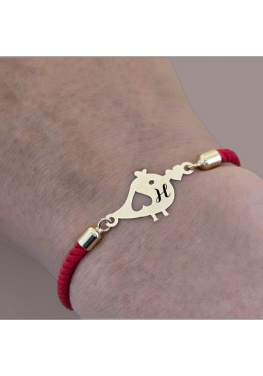 Archin H Harfine Özel Minik Kuş Motifli Kırmızı Örgülü 14 Ayar Altın Plakalı Hediye Bileklik-363harf H