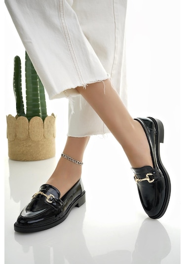 Muggo Sussie Garantili Metal Tokalı Kadın Loafer Günlük Ayakkabı Siyah Rugan