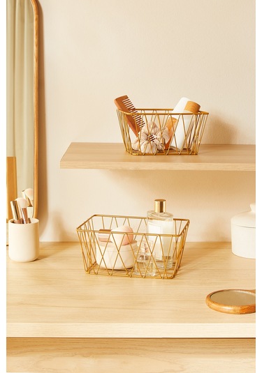 Ocean Home Textile 2'li Altın Renk Metal Sepet Set 25 x 18.5 x 10.5 / 20.5 x 15.5 x 10 cm