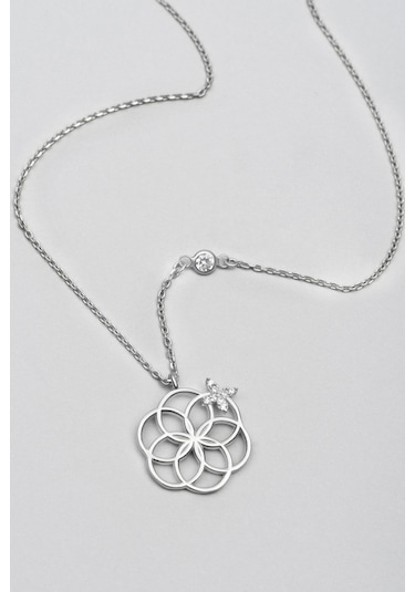 Yaşam Çiçeği 18 Ayar Beyaz Altın Kaplama 47 Cm Gümüş Kolye