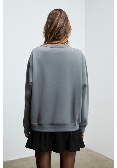 Grımelange Karıus Kadın Organik Pamuklu İçi Polarlı Oversize Yuvarlak Yakalı Gri Sweatshirt Gri