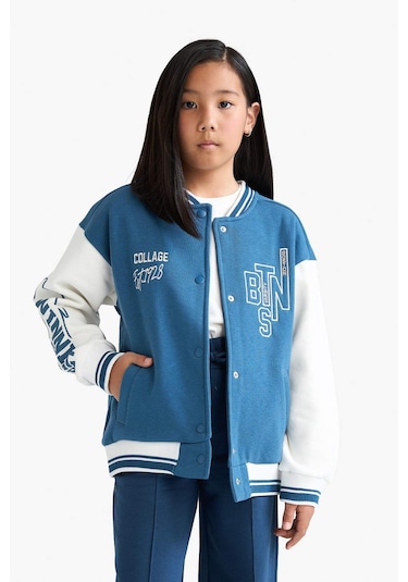 Defacto Kız Çocuk Kolej Yaka Baskılı Kalın Bomber Hırka F1985a825aube376 Mavi