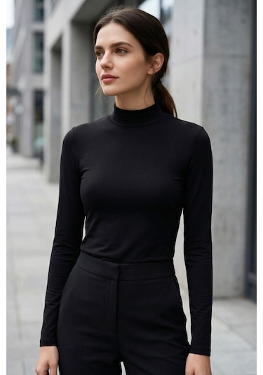 Siyah Balıkçı Yaka Basic Uzun Kollu Kadın Body - 97306 Siyah