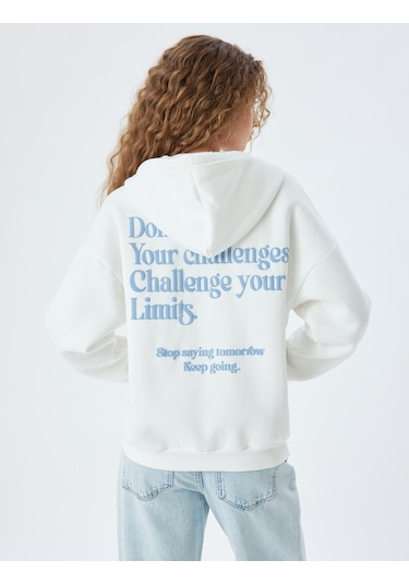 Koton Fermuarlı Sweatshirt Kapüşonlu Oversize Kanguru Cepli Slogan Baskılı Şardonlu Ekru 5wal10197ık Ekru