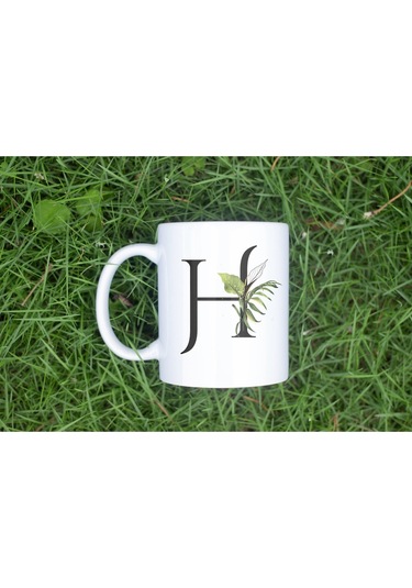 H Harf Zarif Yaprak Desenli Kupa Bardak - Naturel Sade Alfabe Harfli Bardak - Kişiye Özel Hediye Beyaz