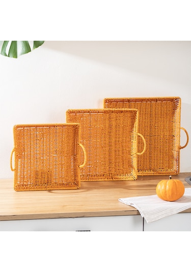 Porsima 709a Kare 3'lü Hasır Tepsi Dekoratif Sunum Servis Tepsisi