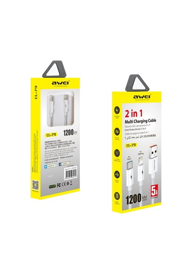Awei Cl-79 2 İn 1 1.2m Usb 8 Pin + Usb-c / Tip-c Çoklu Şarj Kablosu