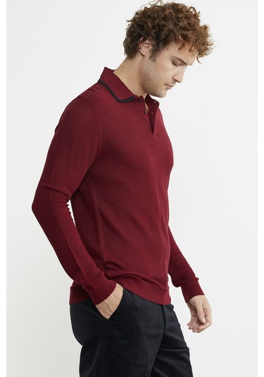 Polo Yaka Düğmeli Triko Kazak - Bordo 001