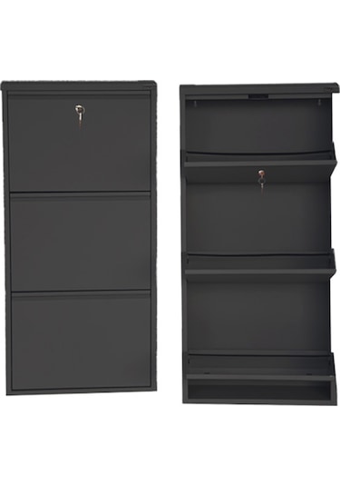 Kilitli 3'lü Metal Ayakkabılık - Siyah