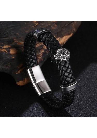 Erkek Örgülü Deri Kurukafa Bileklik Paslanmaz Çelik Erkek Bilezikleri Parti Takıları Hediye Punk Bileklik Siyah