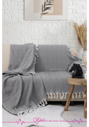 Klasik Pamuklu Koltuk Örtüsü 180x300 Cm Kolları Örten Balık Sırtı Desen Koltuk Örtüsü Antrasit