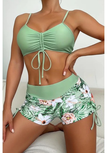 Angelsin Büzgü Ayarlı Baskılı Bikini Takımı Yeşil
