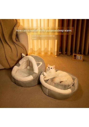 Mufunye Kapalı Kedi Yatakları Kedi Evi Kapşonlu Mağara Tasarımı Peluş Yastıklı Dört Mevsim Evrensel