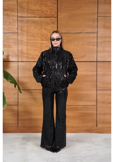 Cemo Full Pul Payetli Siyah Fermuarlı Bomber Ceket Siyah