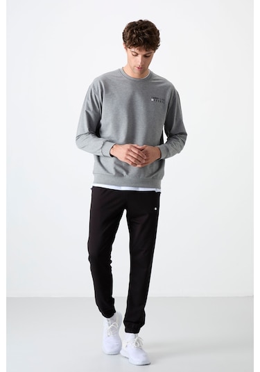 Tommy Life Gri Melanj - Siyah Casual O Yaka Lastik Paça Pamuklu Erkek Oversize Eşofman Takımı - 85120 Gri - Siyah