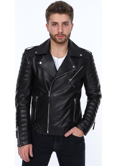 Hakiki Deri Siyah Manuel Fermuarlı Erkek Deri Ceket Siyah