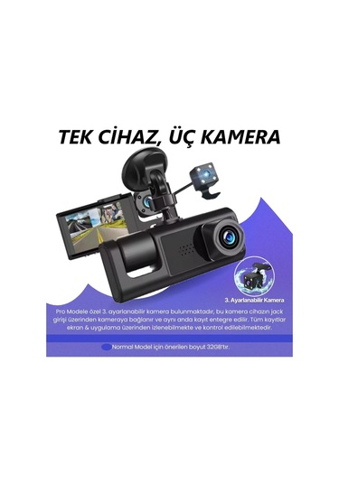 Araç İçi Wi-fi Güvenli Sürüş Kamerası Ön İç Arka 3 Kameralı G-sensör Mobil Uygulama İle Kolay İzleme