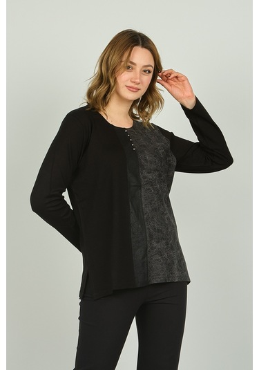 Detay Triko Kadın Suni Deri Detaylı Ve Desenli Uzun Kol Bluz 4553 Siyah Gri Gri - Siyah