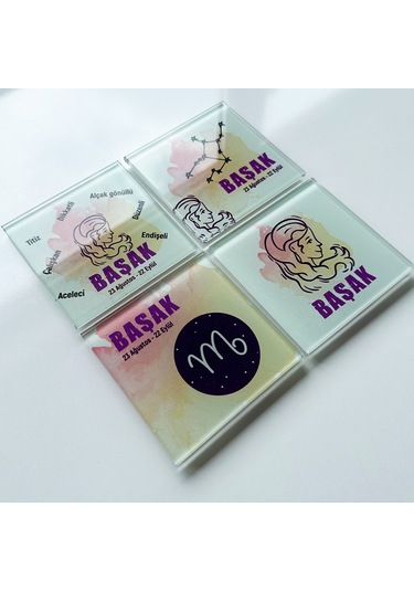 Cam Bardak Altlığı Burçlar - Başak Burcu 4'lü Takım 10cm X Beyaz