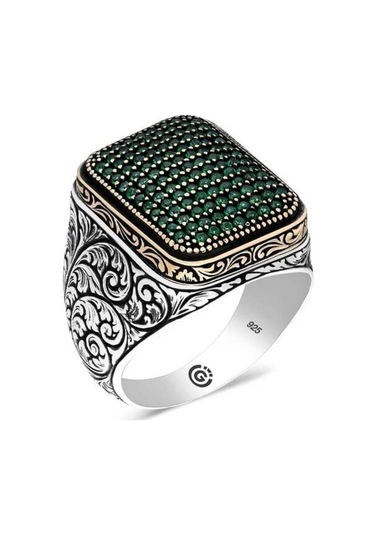 Gümüş Yeşil Zirkon Taşlı Kare Erkek Yüzük (551185686)
