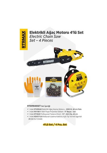 Rtrmax RTM9040SET Elektrikli Ağaç Kesme Motoru Eldiven + Testere Zinciri + Makaralı Uzatma Kablosu 4'lü Set
