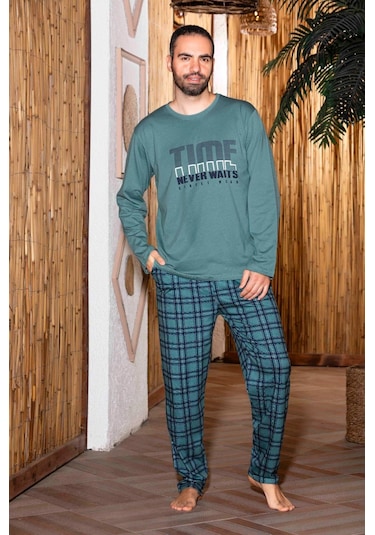 Erkek Penye Pamuk Regular Kalıp Sıfır Yaka Pijama Takımı A803123 - Mint Yeşili