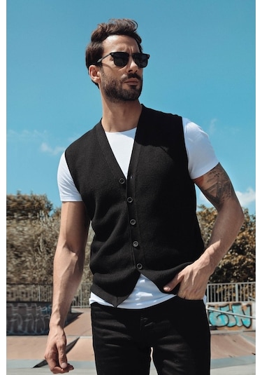 Ferraro Desenli Pamuk Triko Yelek - Siyah-Siyah