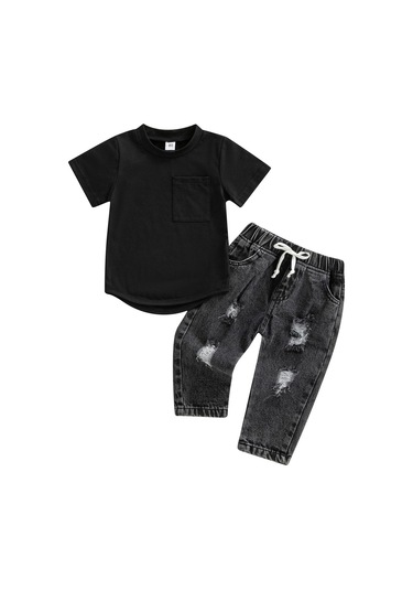 Yuvarlak Yaka Kısa Kollu Tişört Yırtık Kot Pantolon Bebek Erkek Alt Üst Takım Siyah