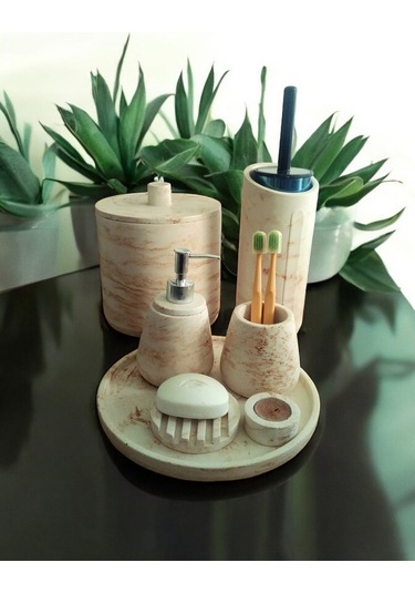 Mermer Desen Bej Beton Banyo Seti,tuvalet Fırçası,çöp Kovası,katı,sıvı Sabunluk,sunum Tepsi,mumluk. Bej