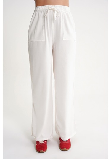 4629 Kadın Bol Paça Yüksek Bel Viskon Palazzo Pantolon Beyaz Beyaz